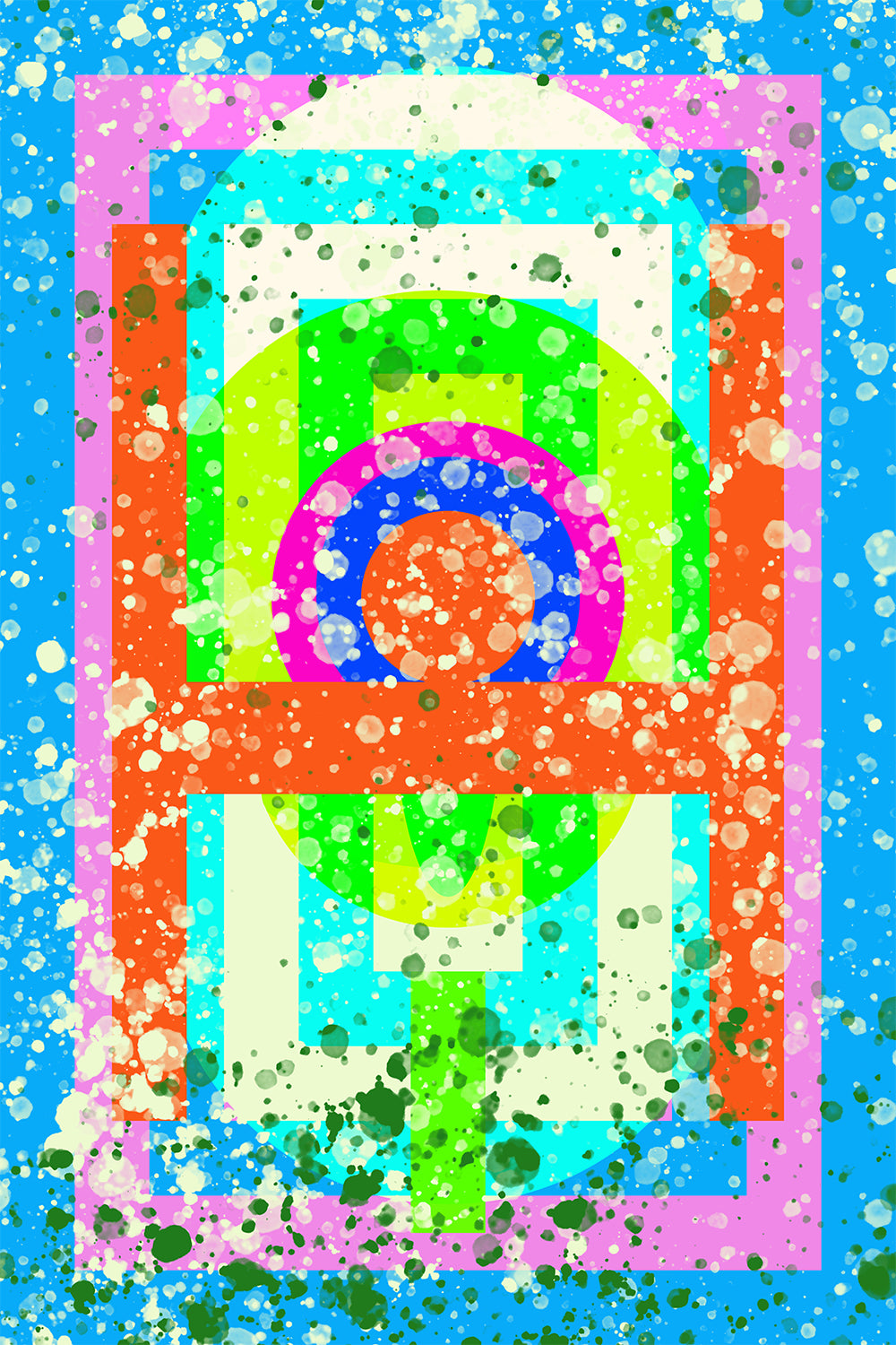 GEO abstract digital artwork in electric blue, lime green, pink, orange, white, and splattered texture