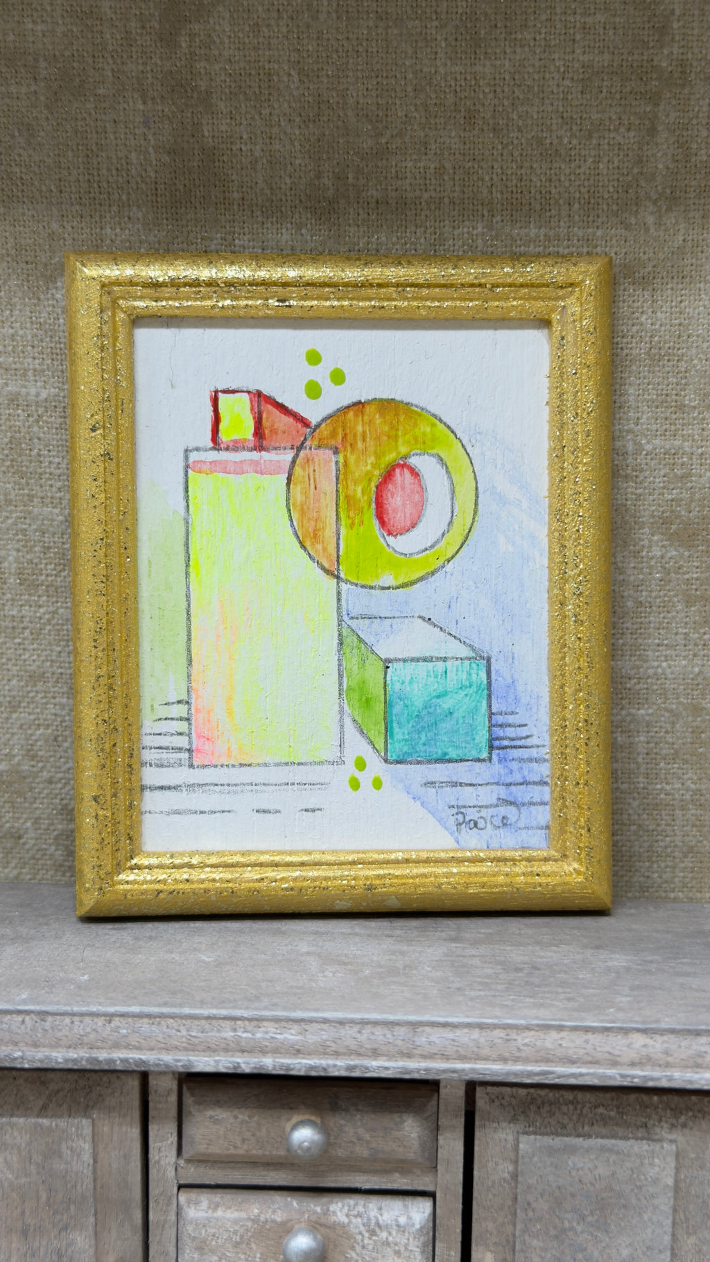 Original Geometric Miniature Dollhouse Art in Gold Frame | 2 × 3 in