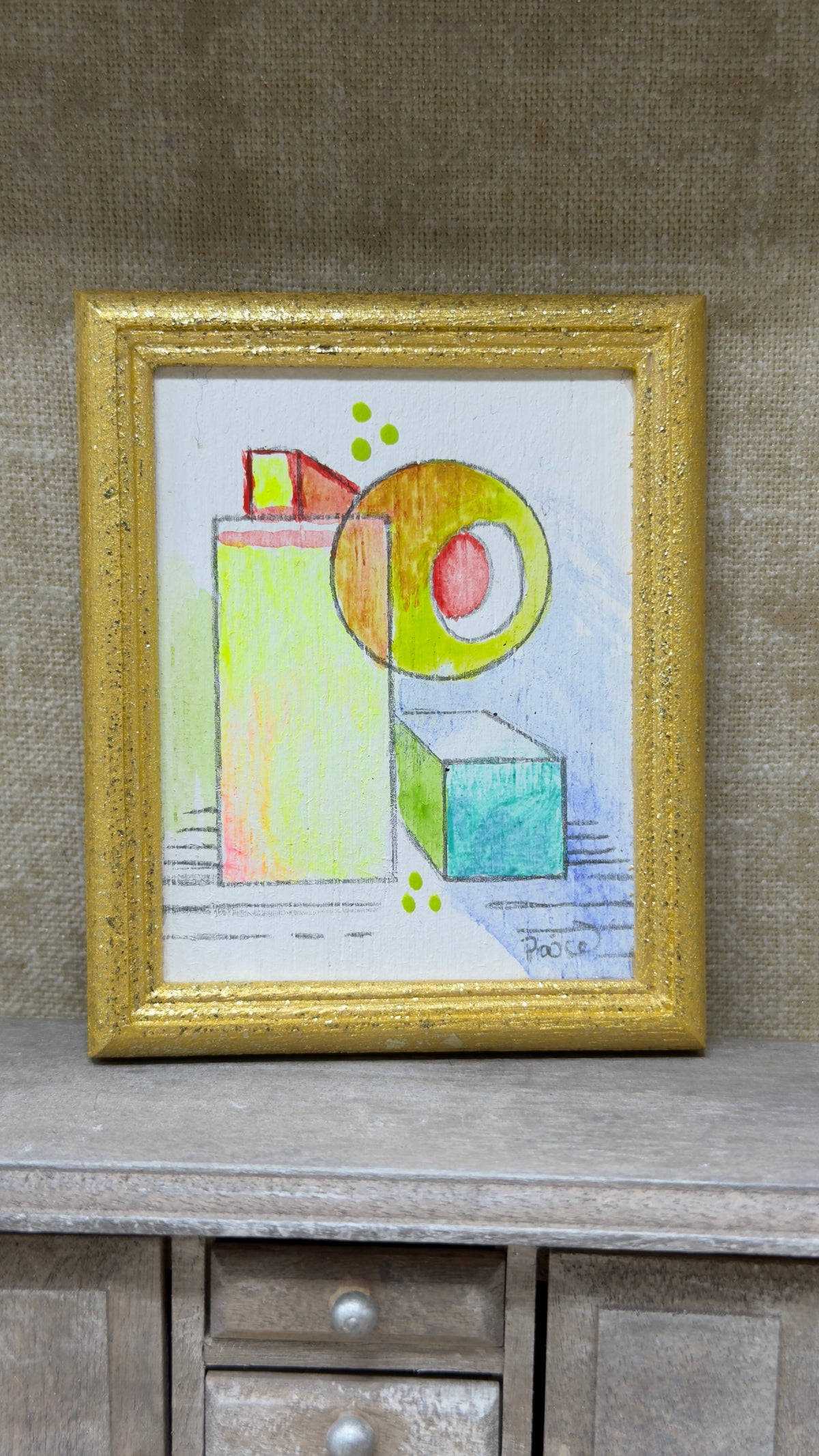 Original Geometric Miniature Dollhouse Art in Gold Frame | 2 × 3 in