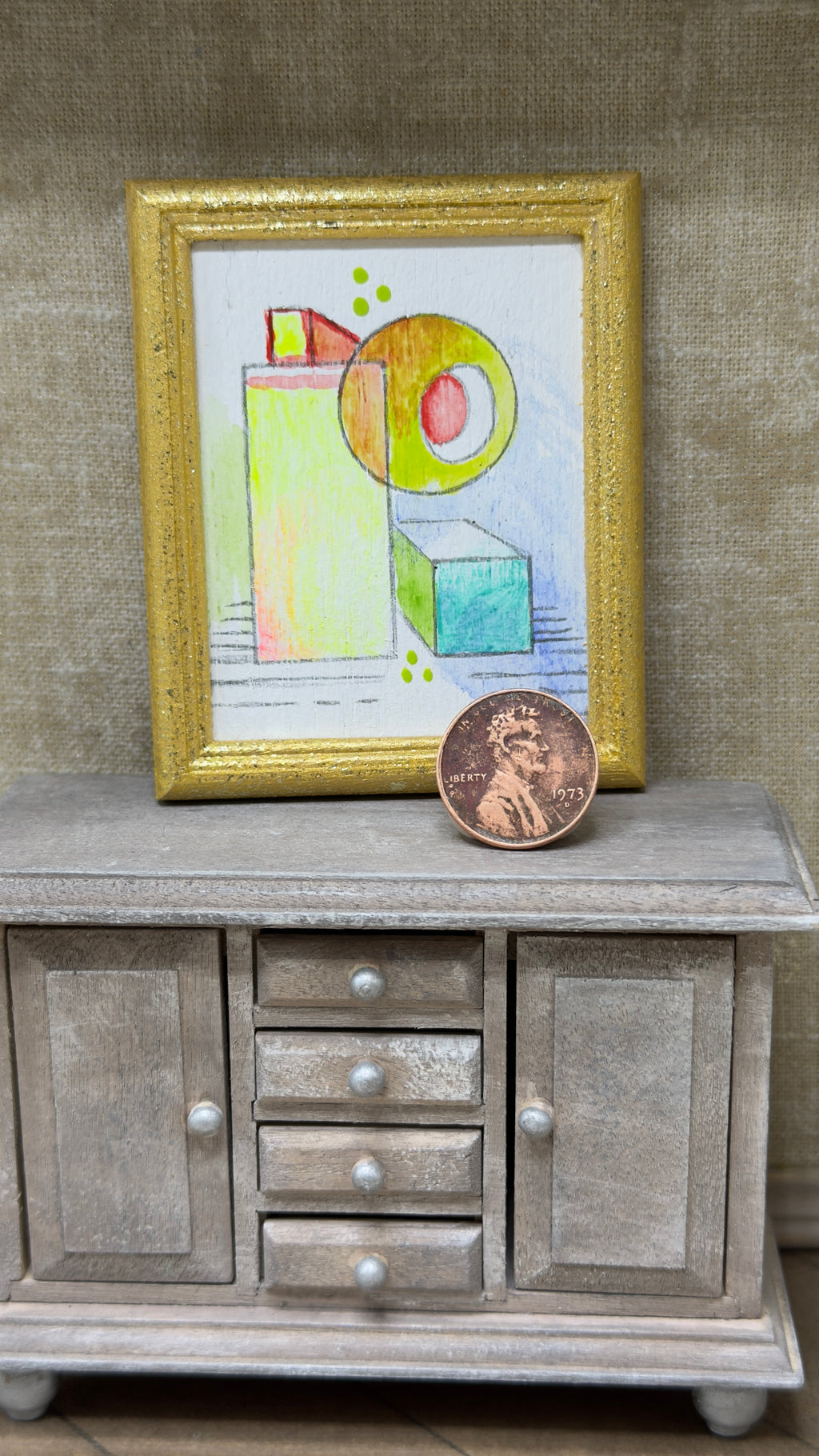 Original Geometric Miniature Dollhouse Art in Gold Frame | 2 × 3 in