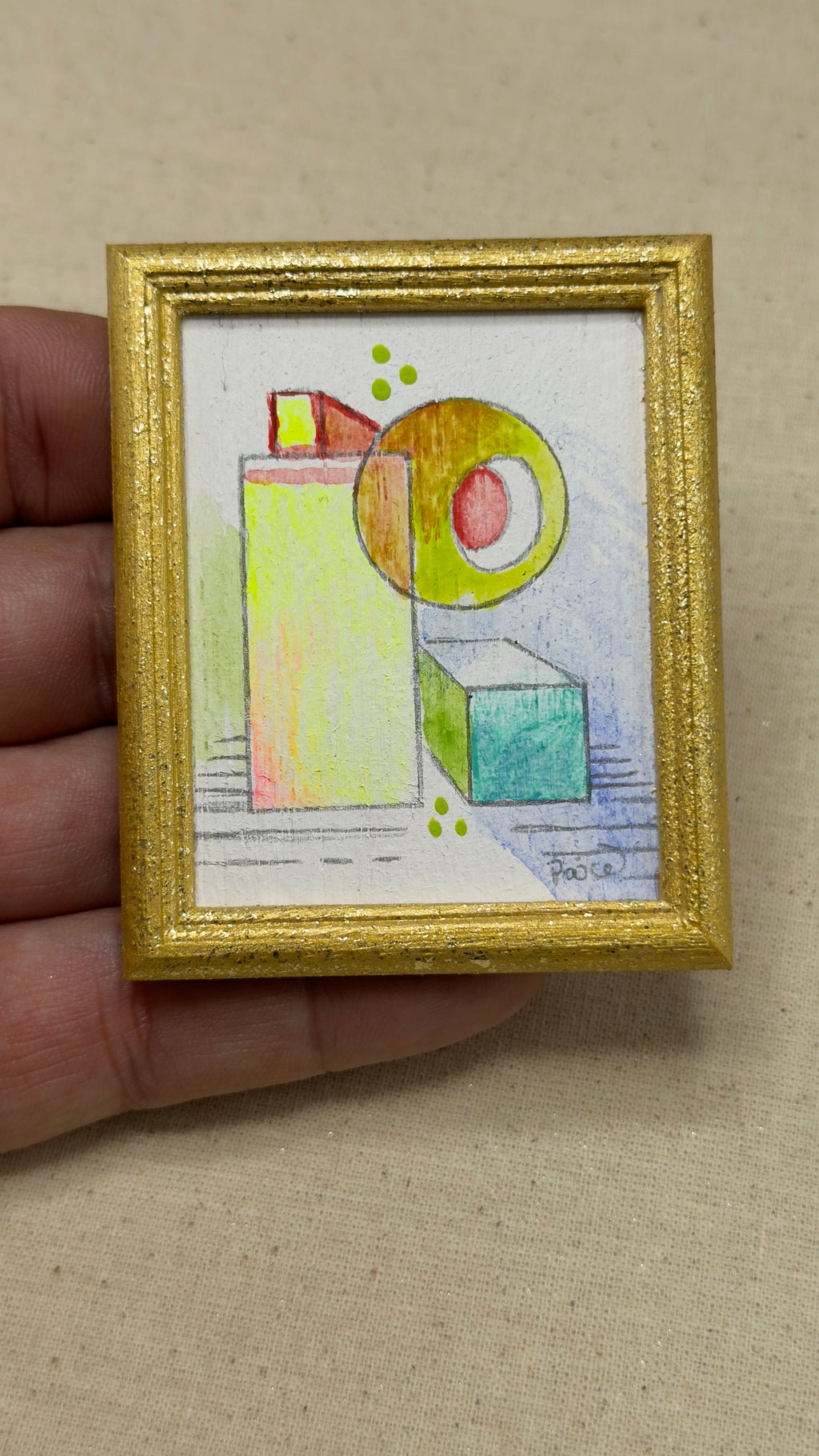 Original Geometric Miniature Dollhouse Art in Gold Frame | 2 × 3 in