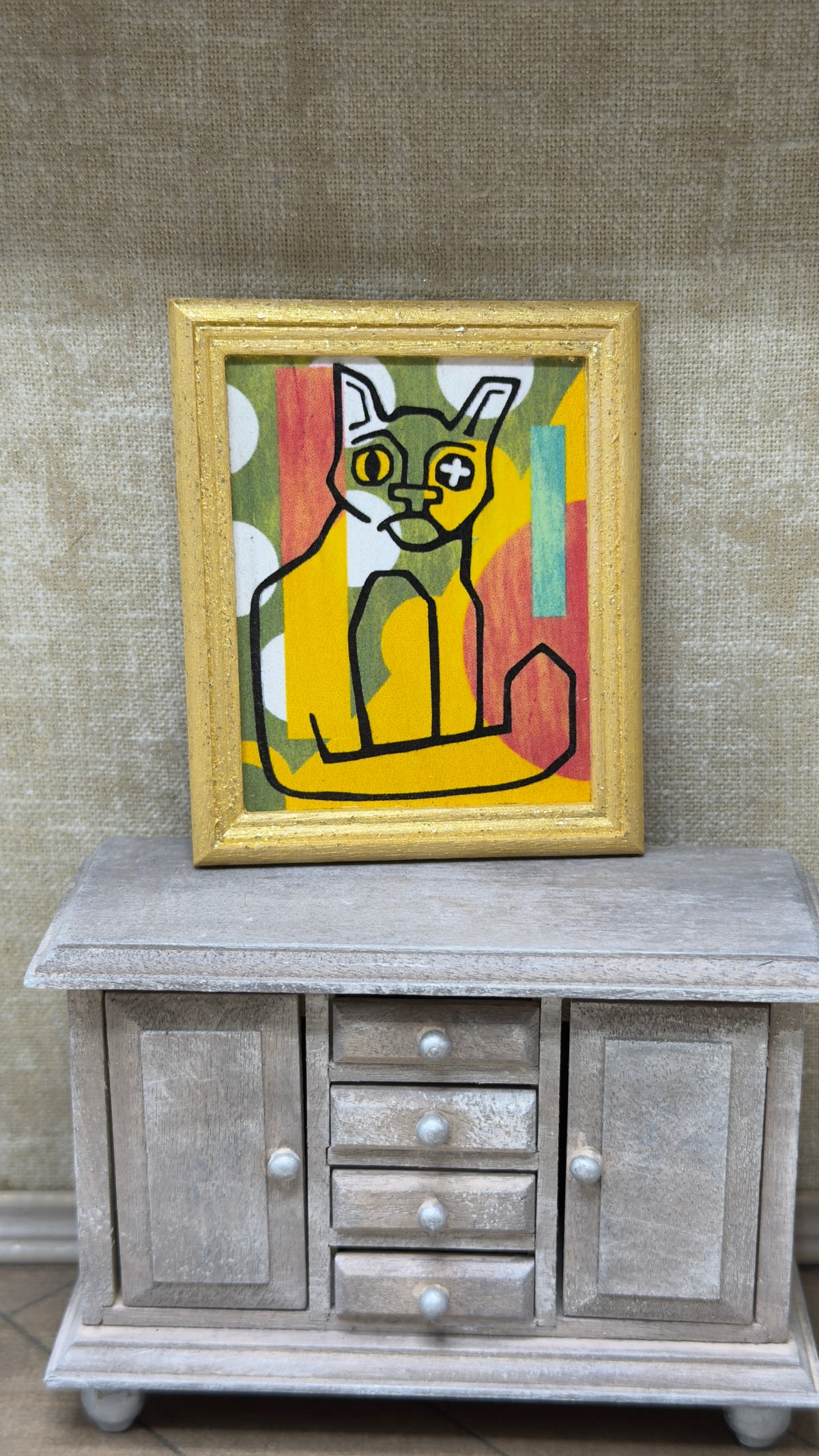 Original Cat Miniature Dollhouse Art | Gold Frame, 2 × 3 in