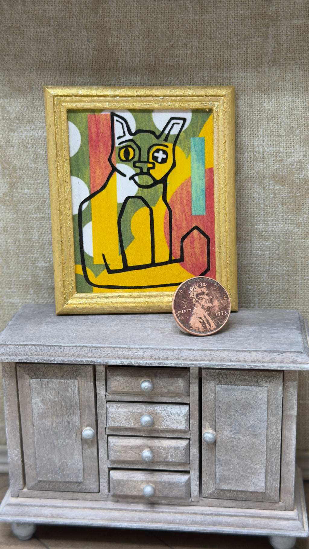 Original Cat Miniature Dollhouse Art | Gold Frame, 2 × 3 in