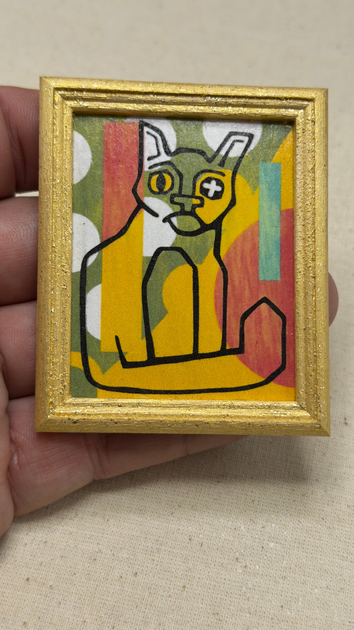 Original Cat Miniature Dollhouse Art | Gold Frame, 2 × 3 in