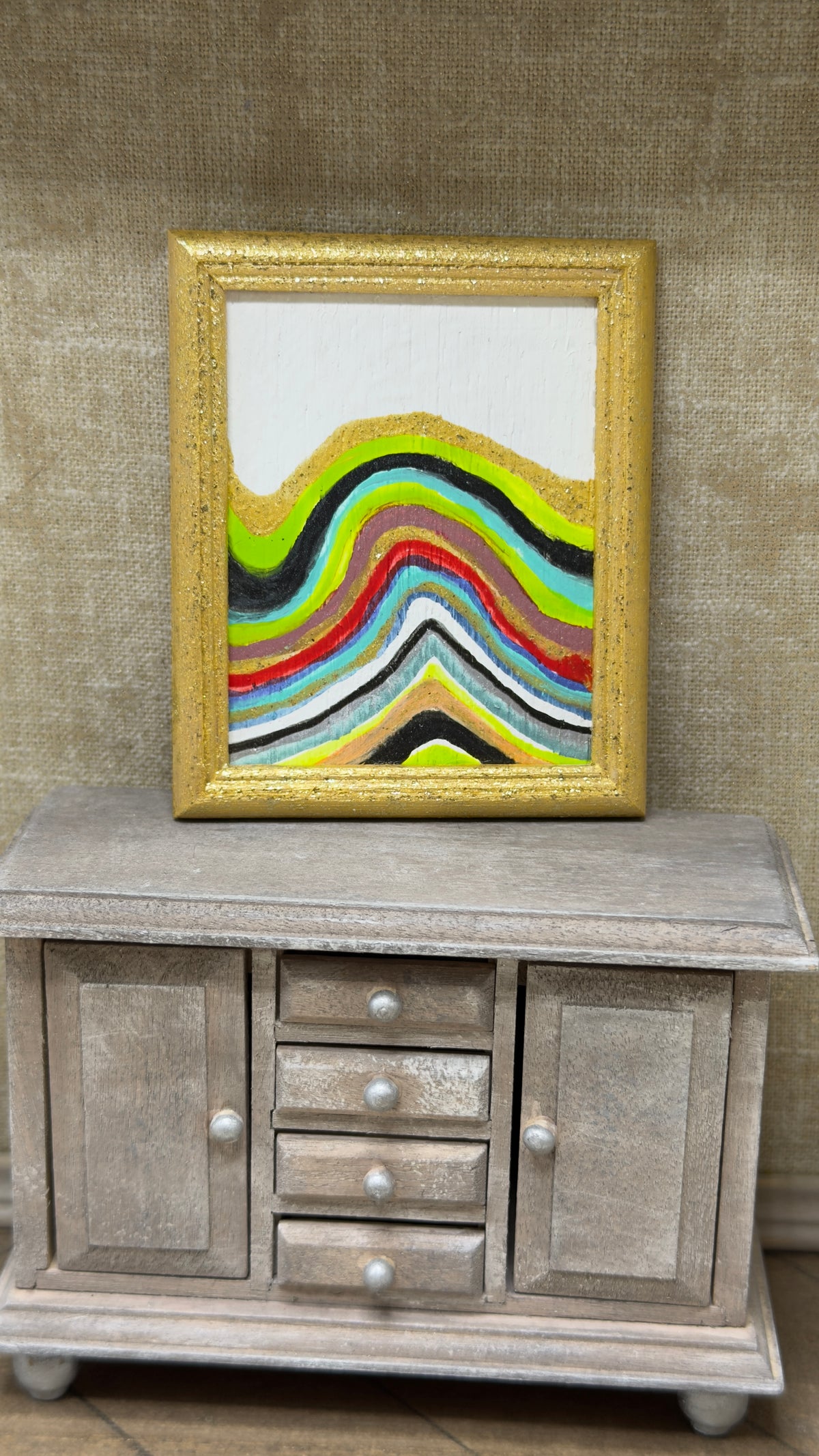 Original Layered-Wave Miniature Dollhouse Art | Gold Frame, 2 × 3 in