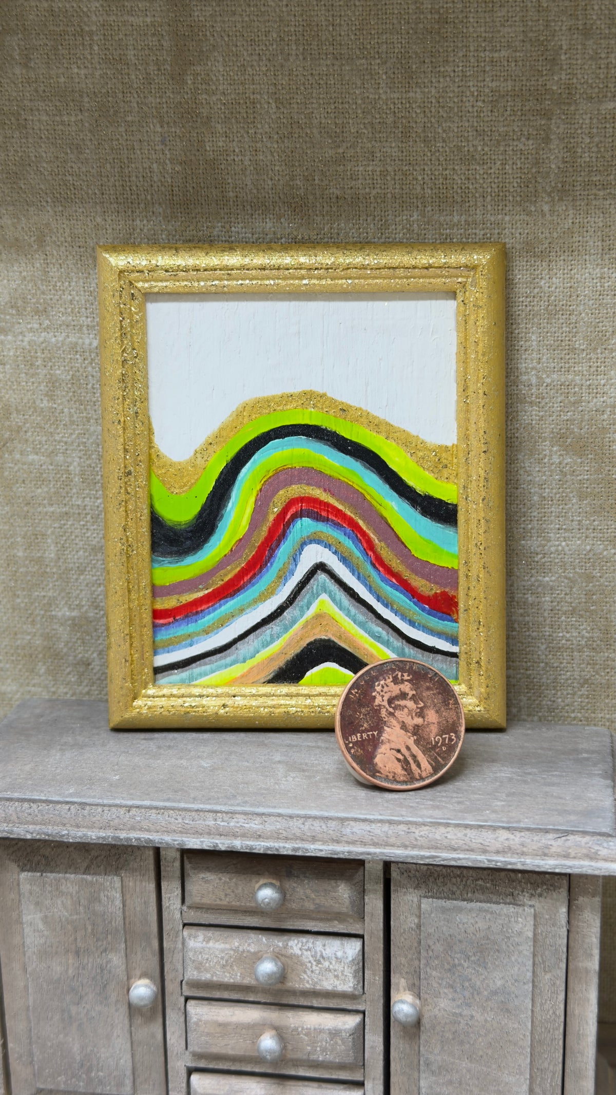 Original Layered-Wave Miniature Dollhouse Art | Gold Frame, 2 × 3 in