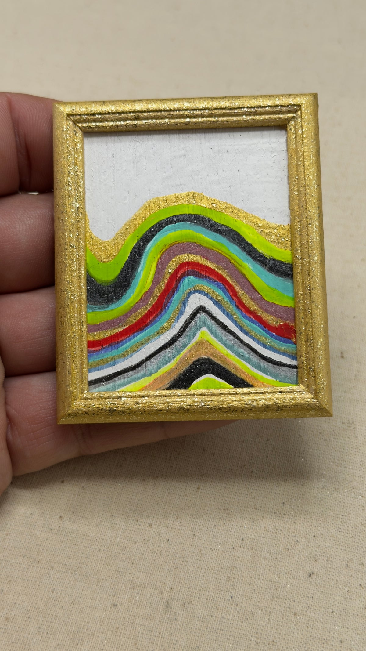 Original Layered-Wave Miniature Dollhouse Art | Gold Frame, 2 × 3 in