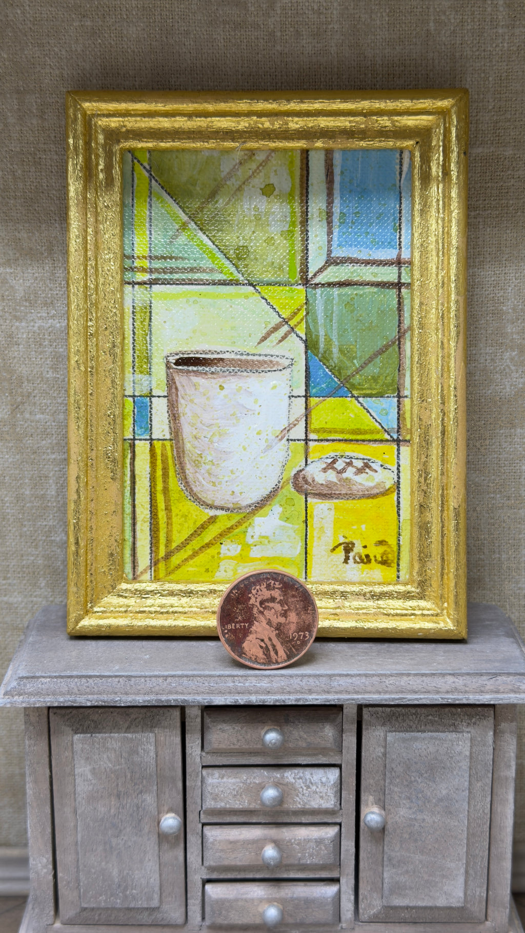 Original Cubist Miniature Dollhouse Art | Framed, 3 × 4 in