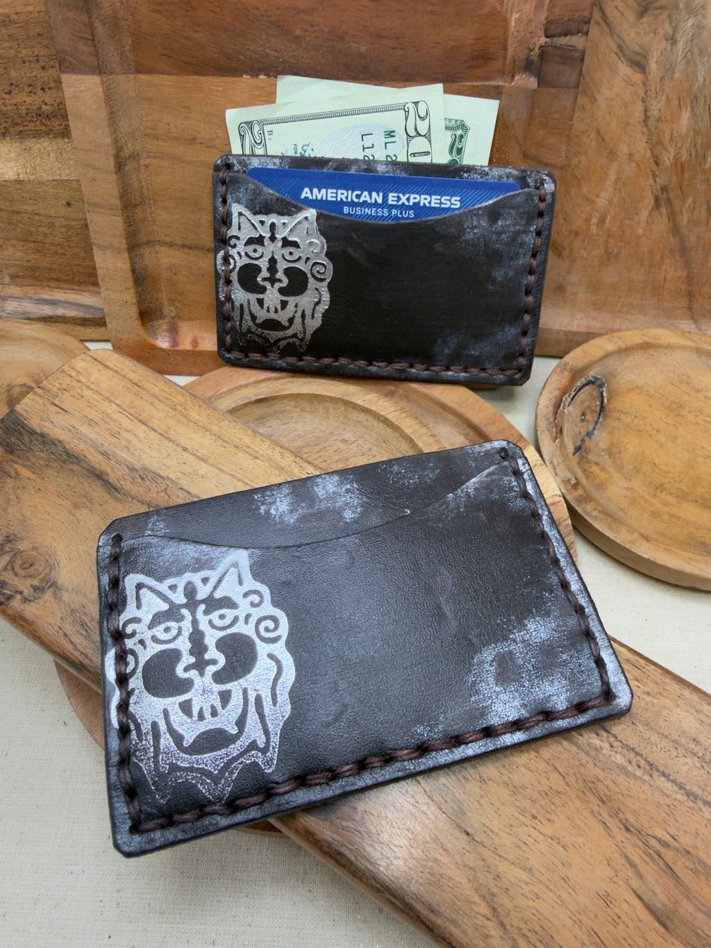 PAICE Two-Slot Leather Card Wallet with Silver Face Design