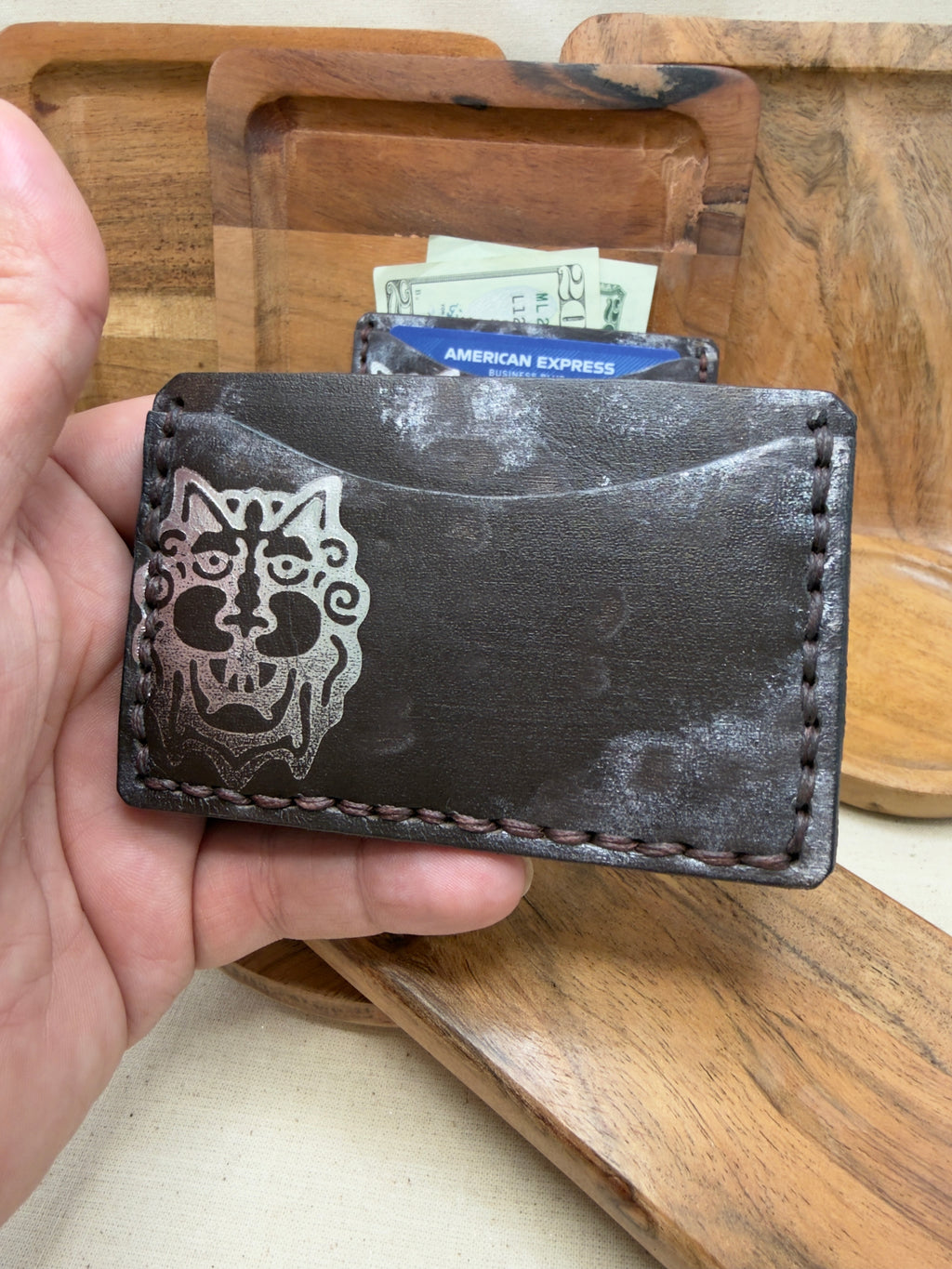 PAICE Two-Slot Leather Card Wallet with Silver Face Design