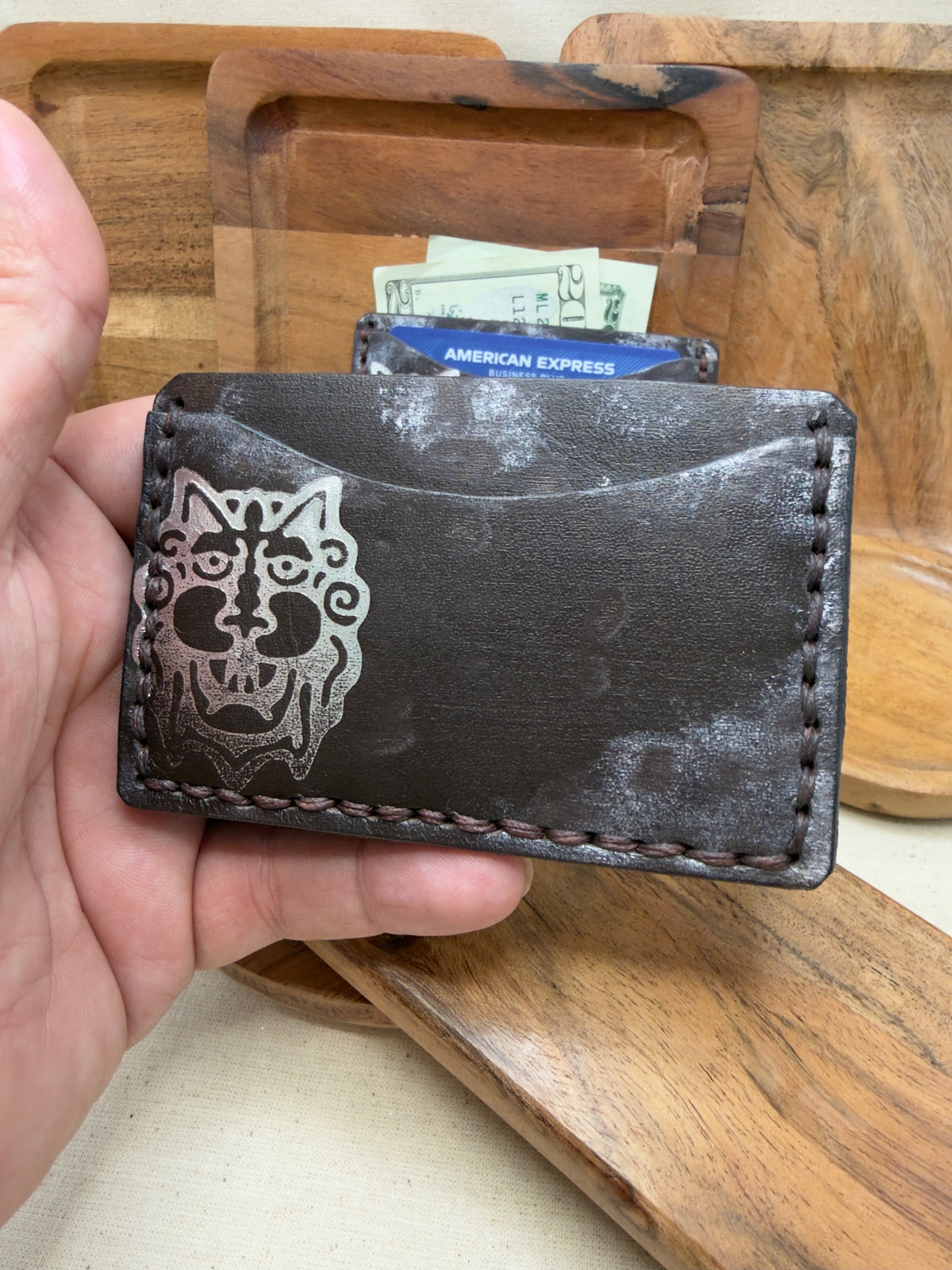 PAICE Two-Slot Leather Card Wallet with Silver Face Design