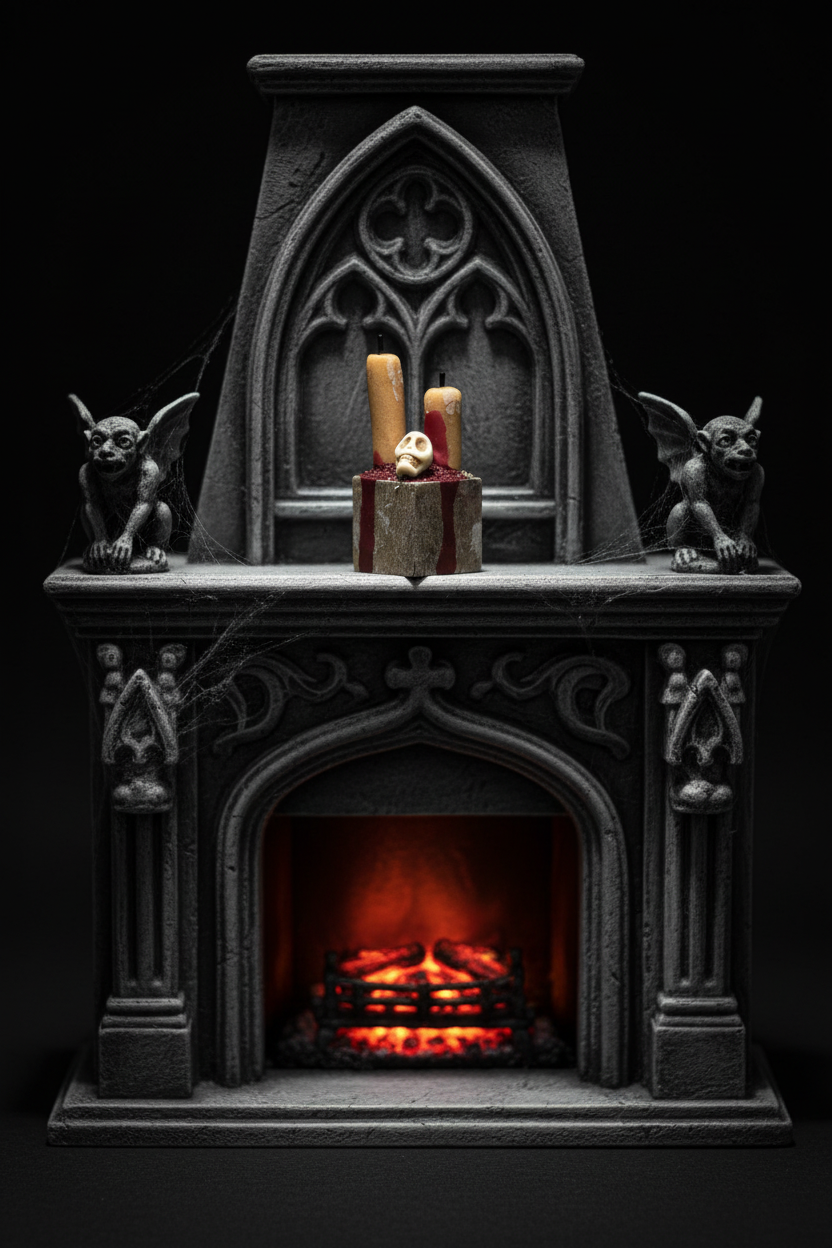Altar on gothic stone fireplace with gargoyles