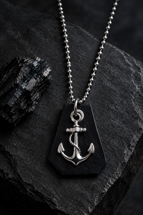 Anchor pendant necklace styled on charcoal stone