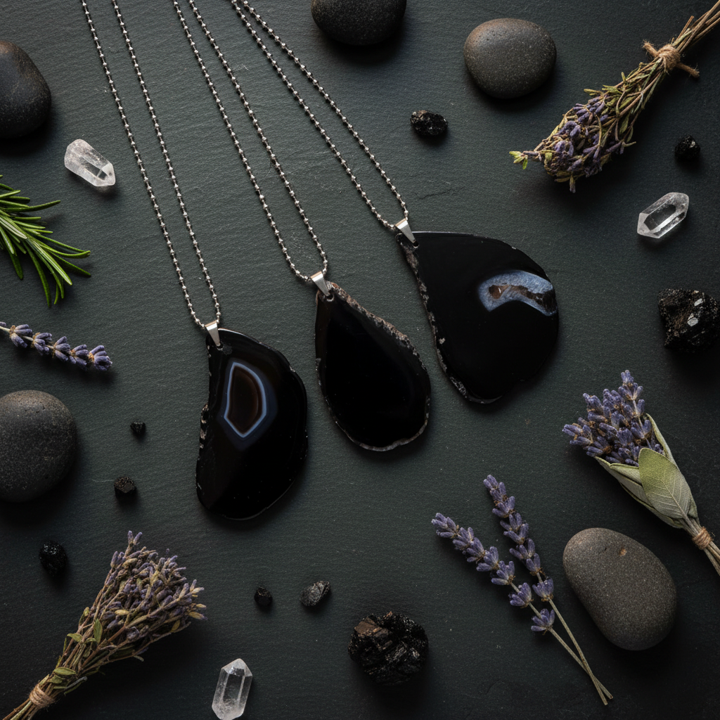Black Agate Necklace - Herbs and Crystals Flat Lay