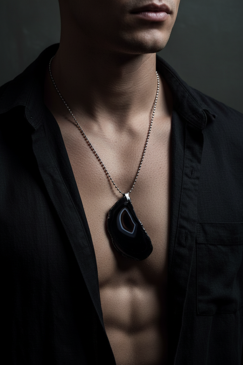 Black Agate Necklace on Male Model - Close Up