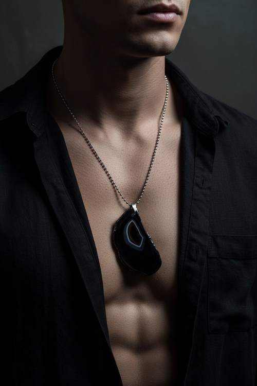 Black Agate Necklace on Male Model - Close Up