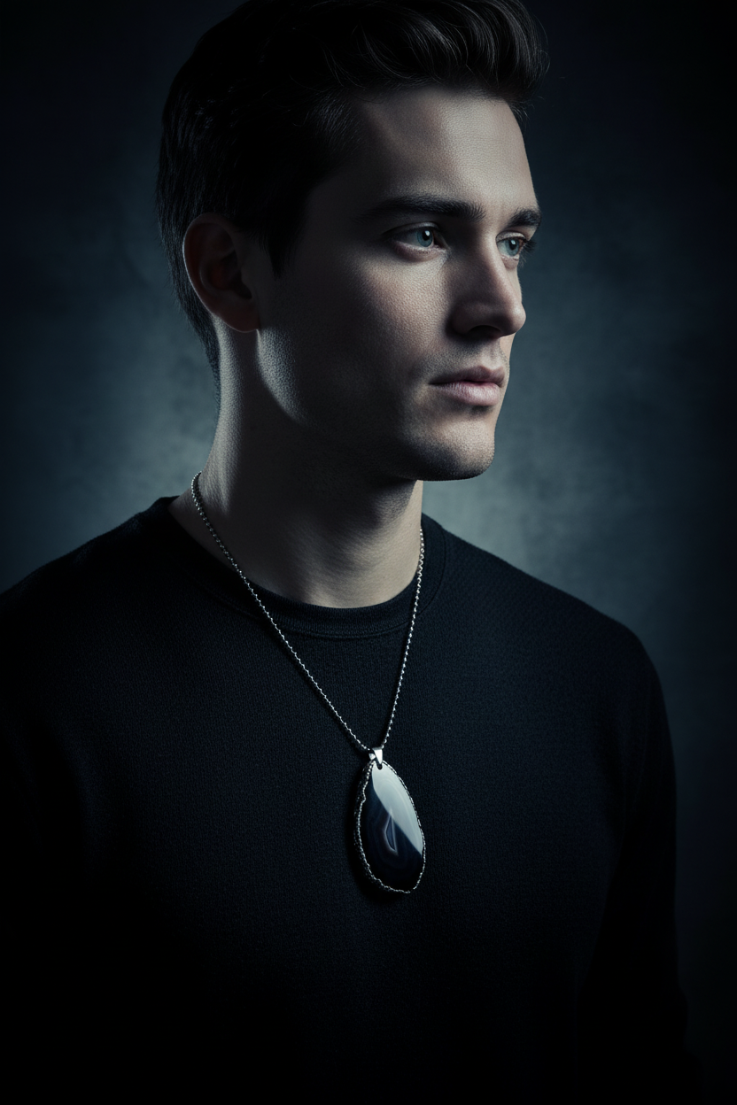 Black Agate Necklace on Male Model - Editorial