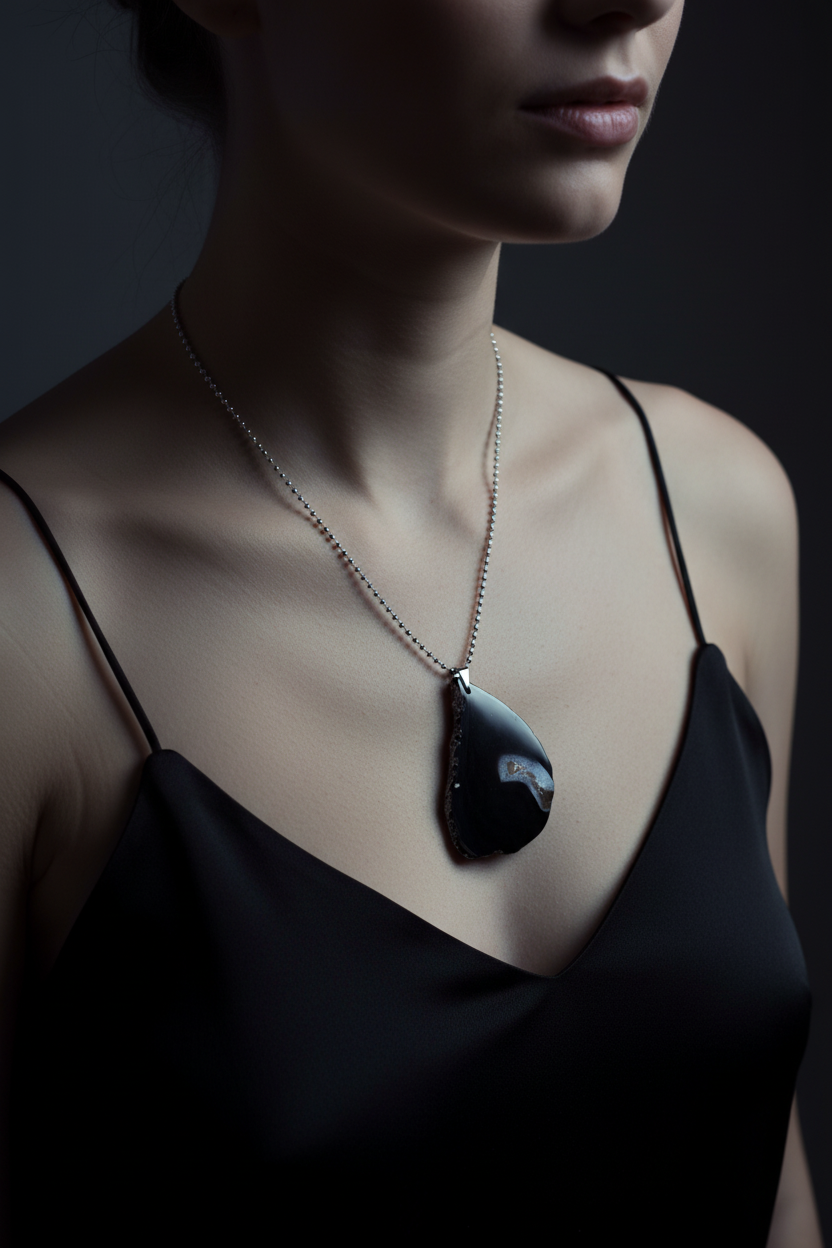 Black Agate Necklace on Model - Collarbone