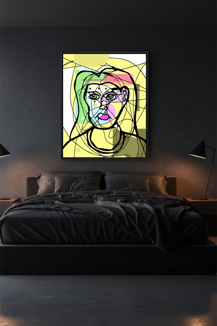 Chaotic Line Portrait — Dark Luxury Bedroom Mockup