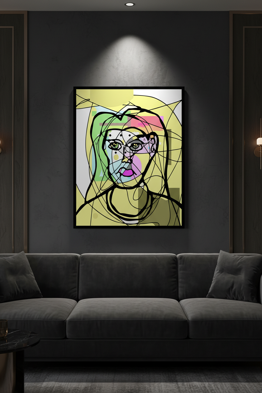 Chaotic Line Portrait — Dark Luxury Living Room Mockup