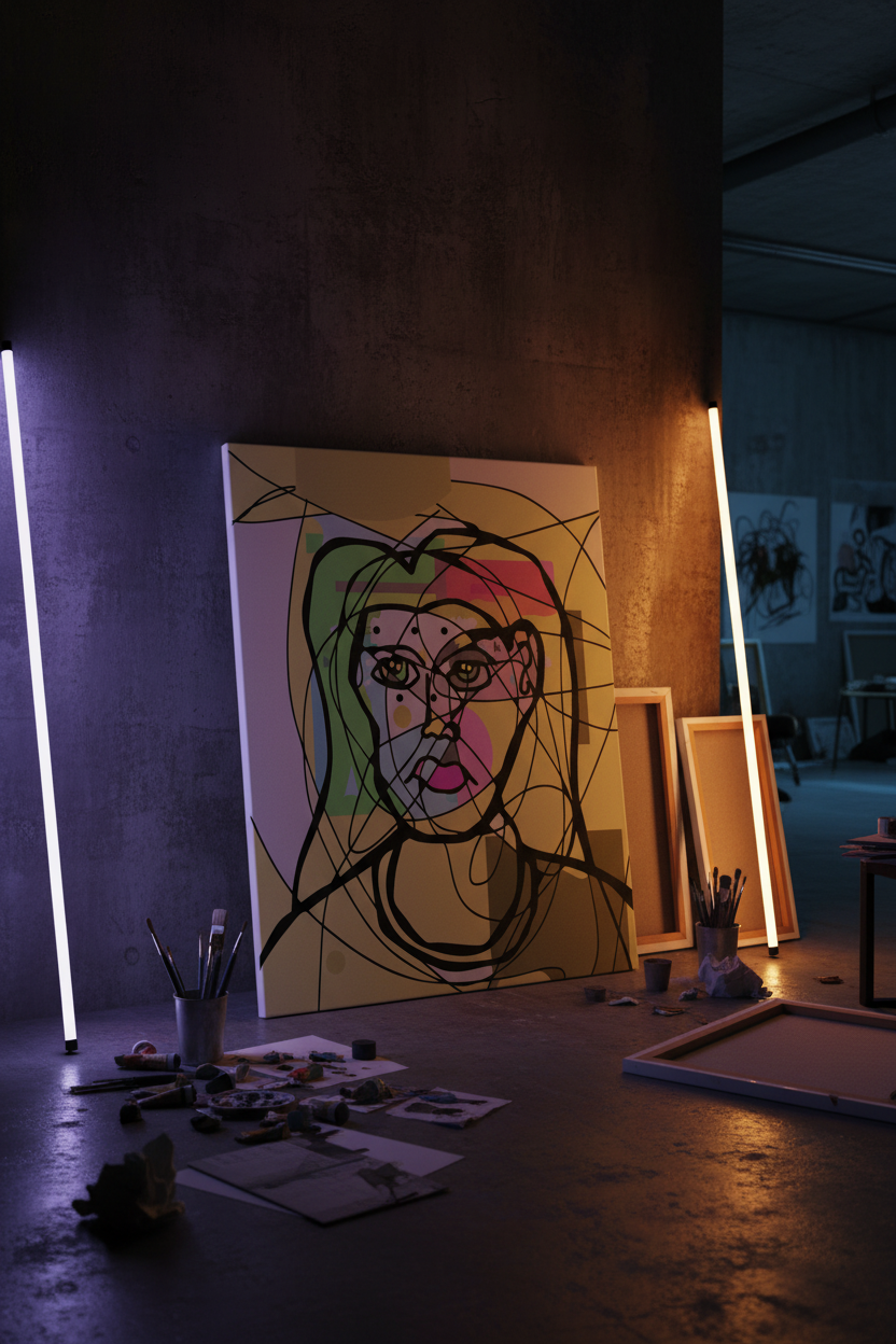 Chaotic Line Portrait — Dark Studio Neon Mockup
