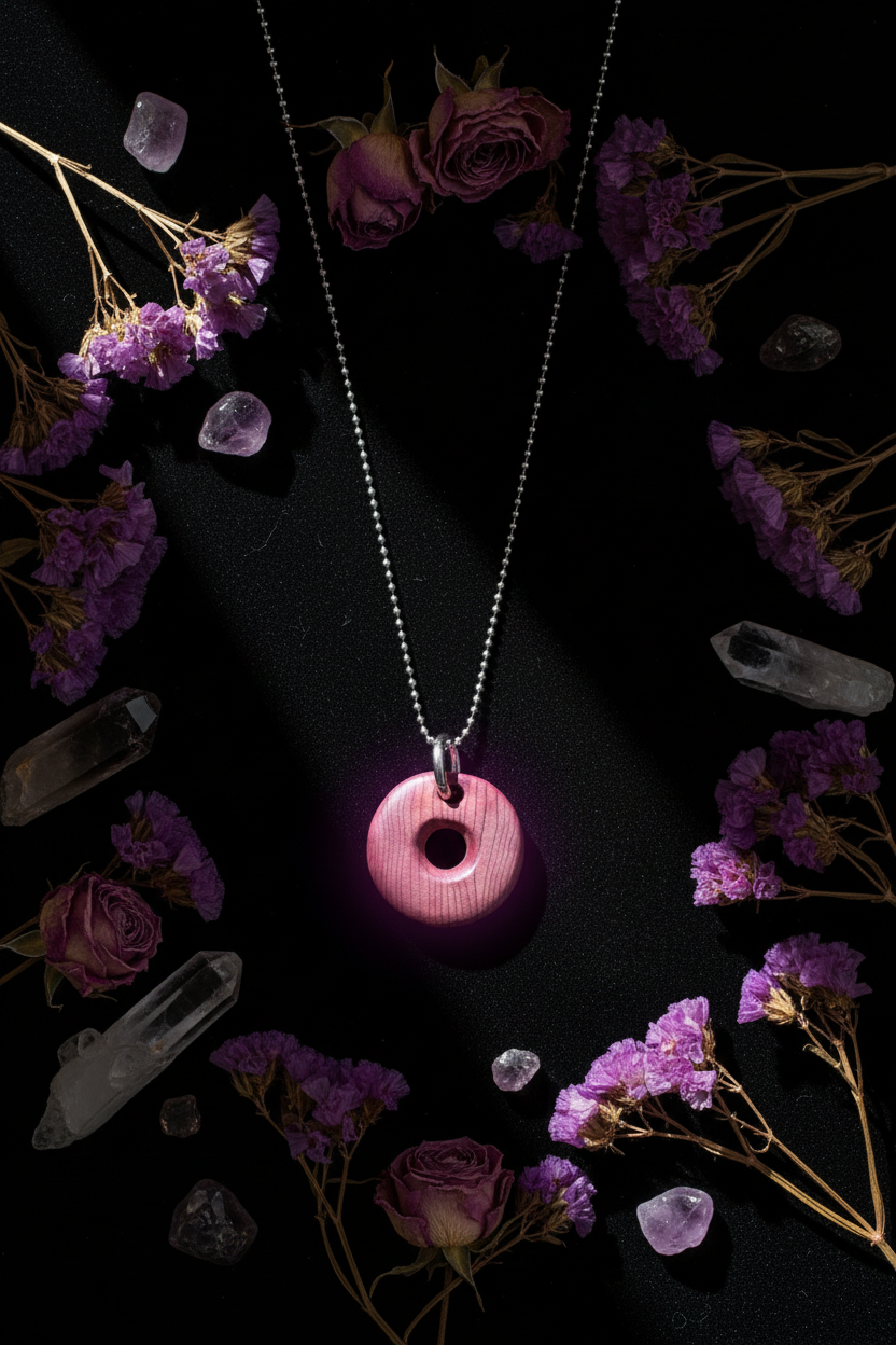 Close-up pendant with dark botanicals and crystals