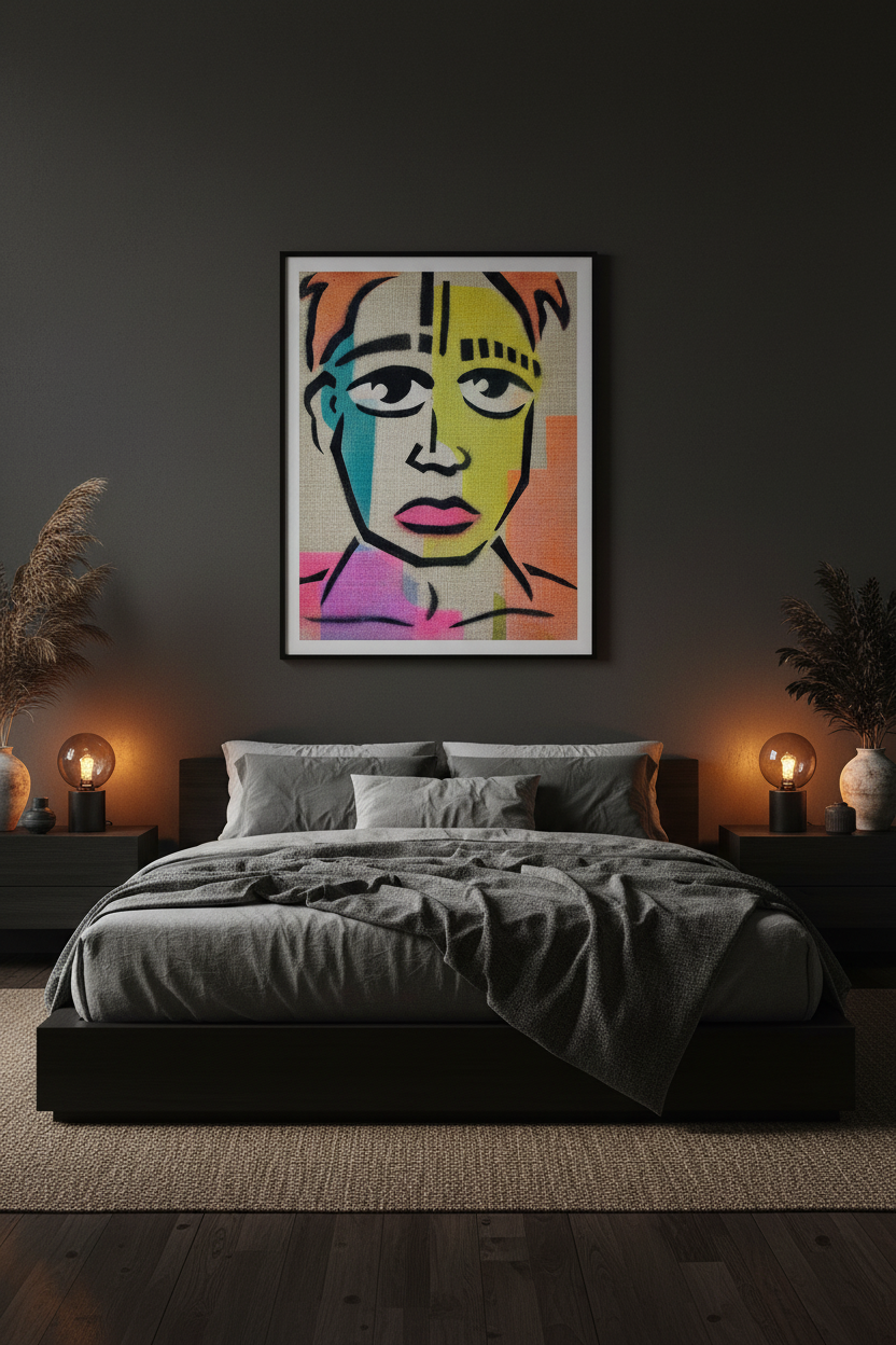 Colorblock Portrait — Dark Bohemian Bedroom Mockup