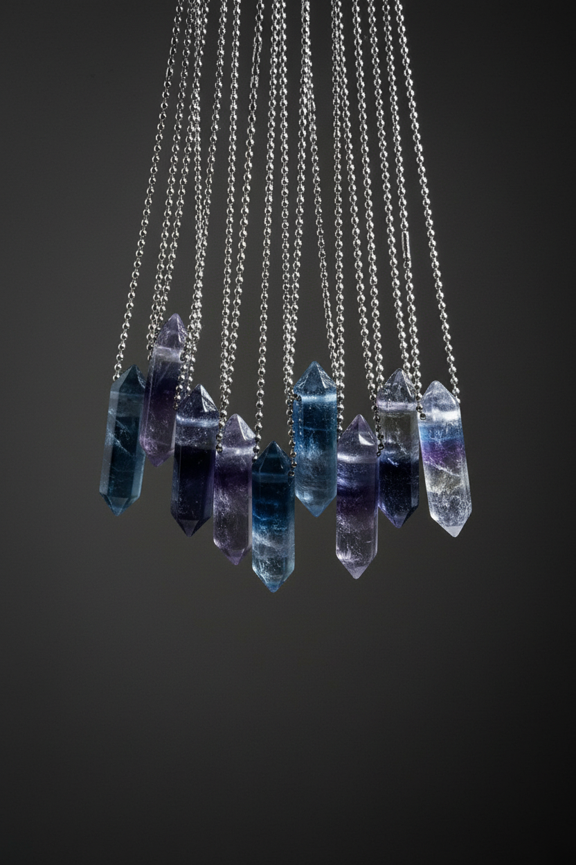 Crystal necklaces against a plain charcoal wall