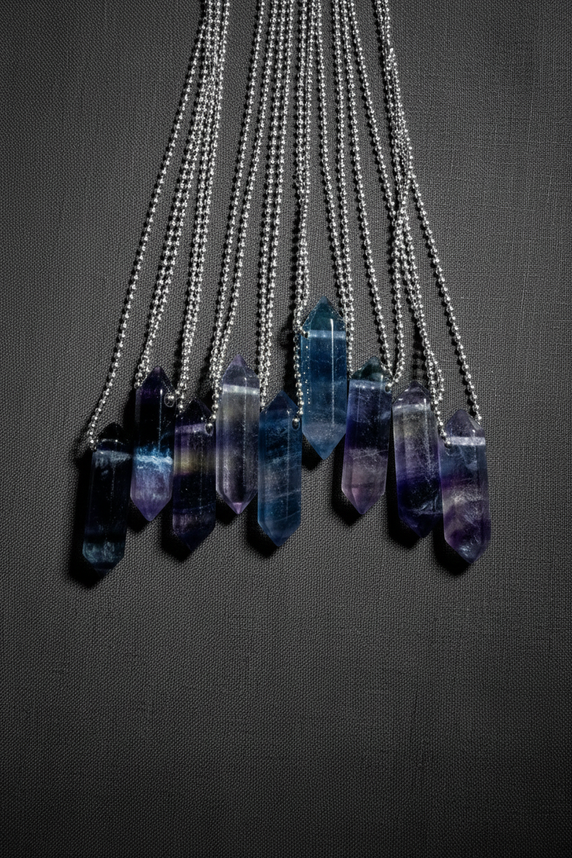 Crystal necklaces with intact chains on charcoal linen