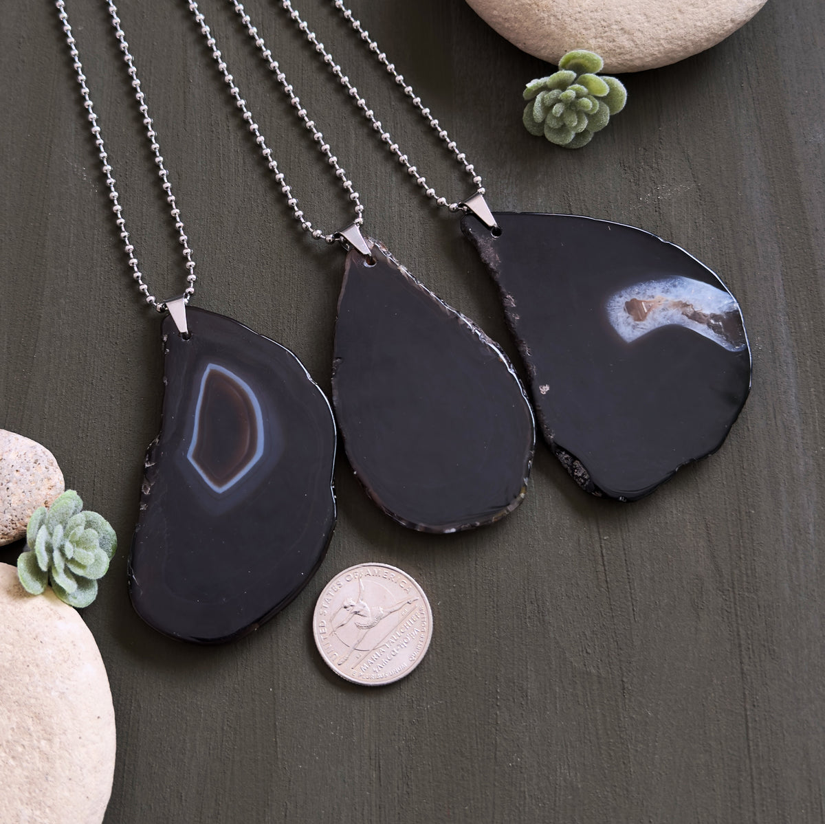 Black Agate Slice Pendant Necklace