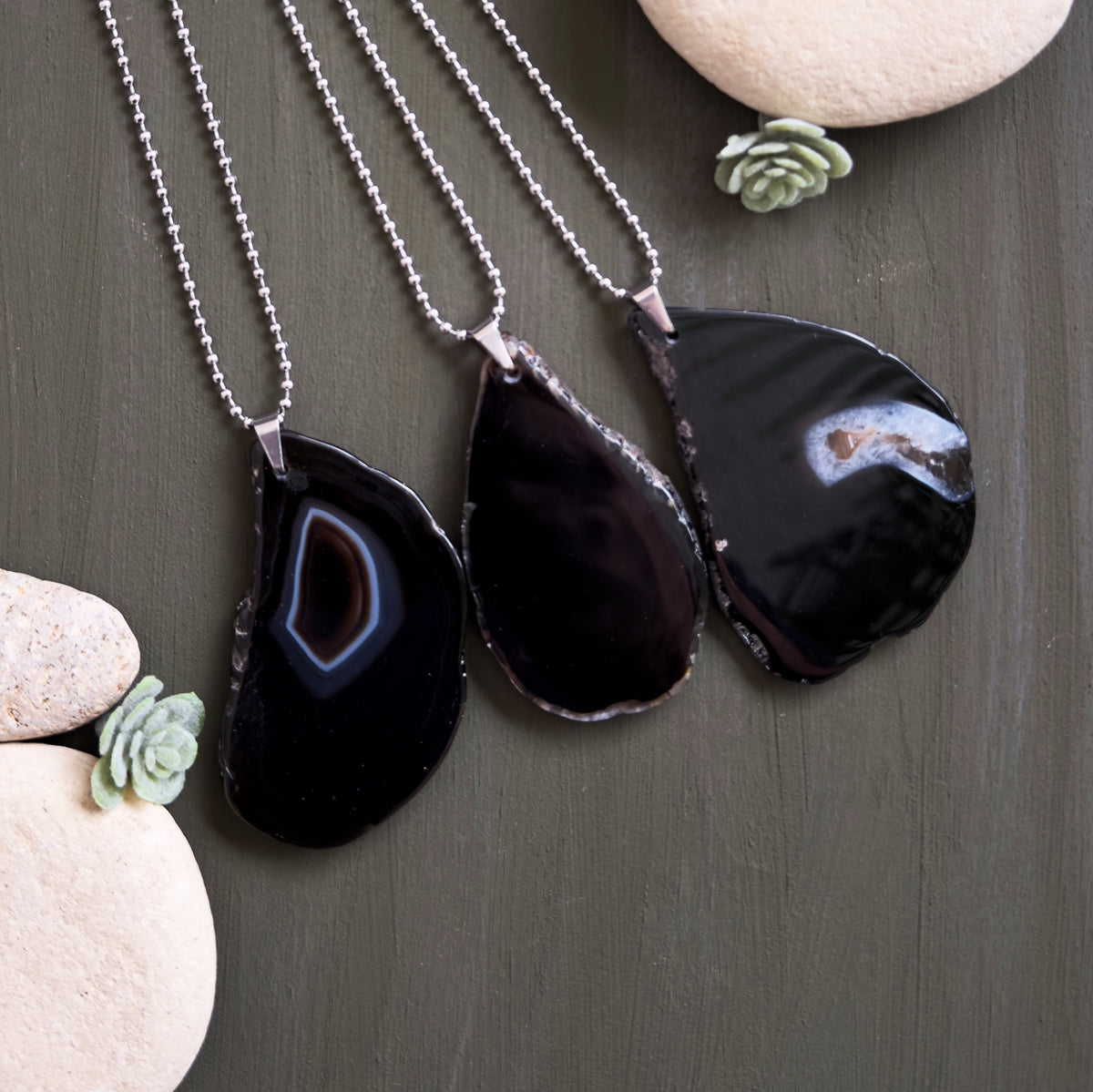 Black Agate Slice Pendant Necklace