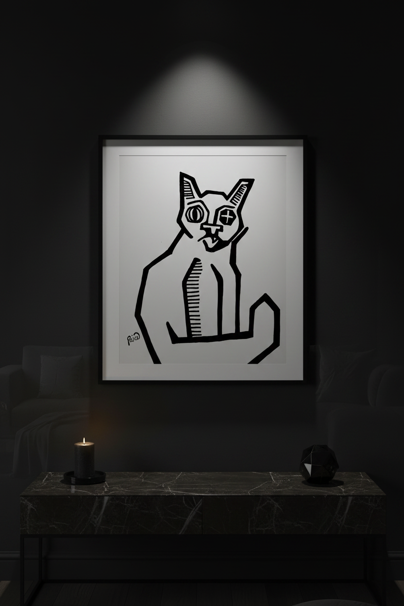 Geometric Cat — Dark Luxury Living Room Mockup