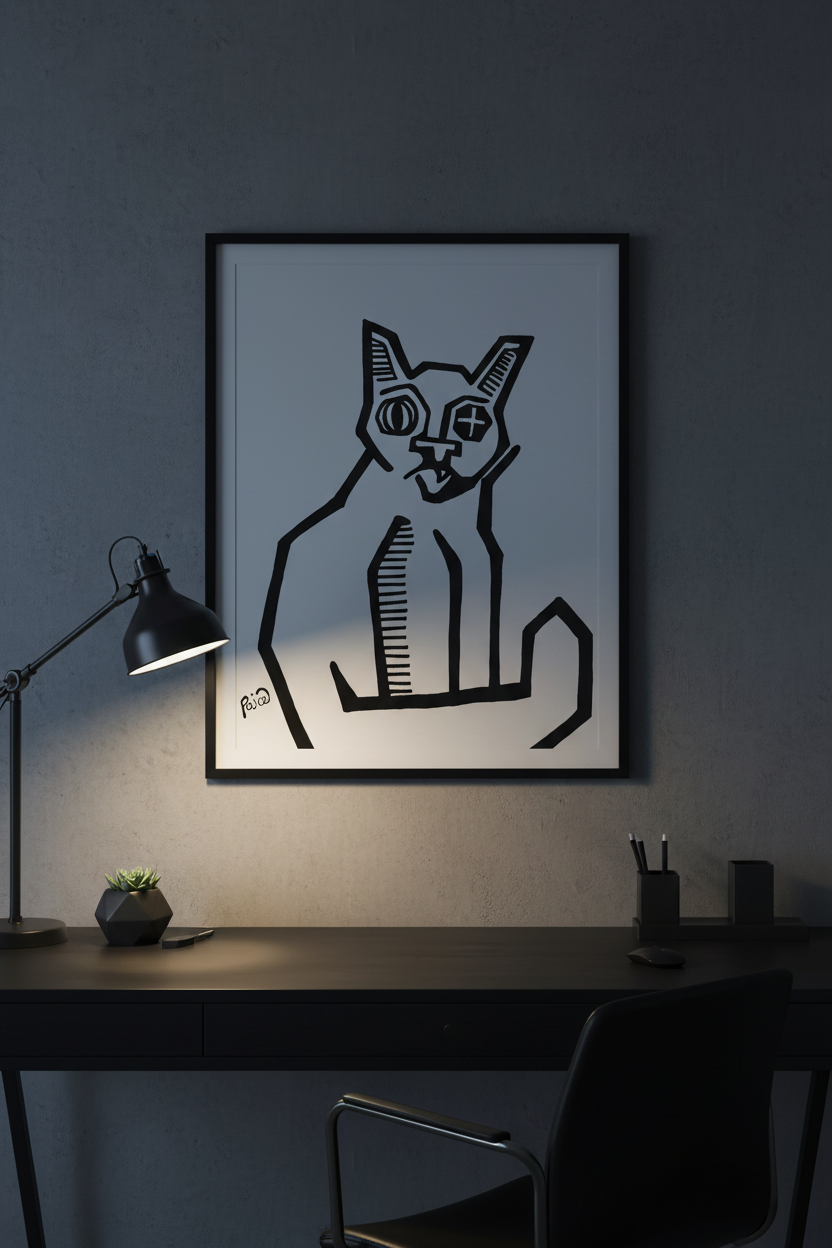 Geometric Cat — Dark Modern Home Office Mockup