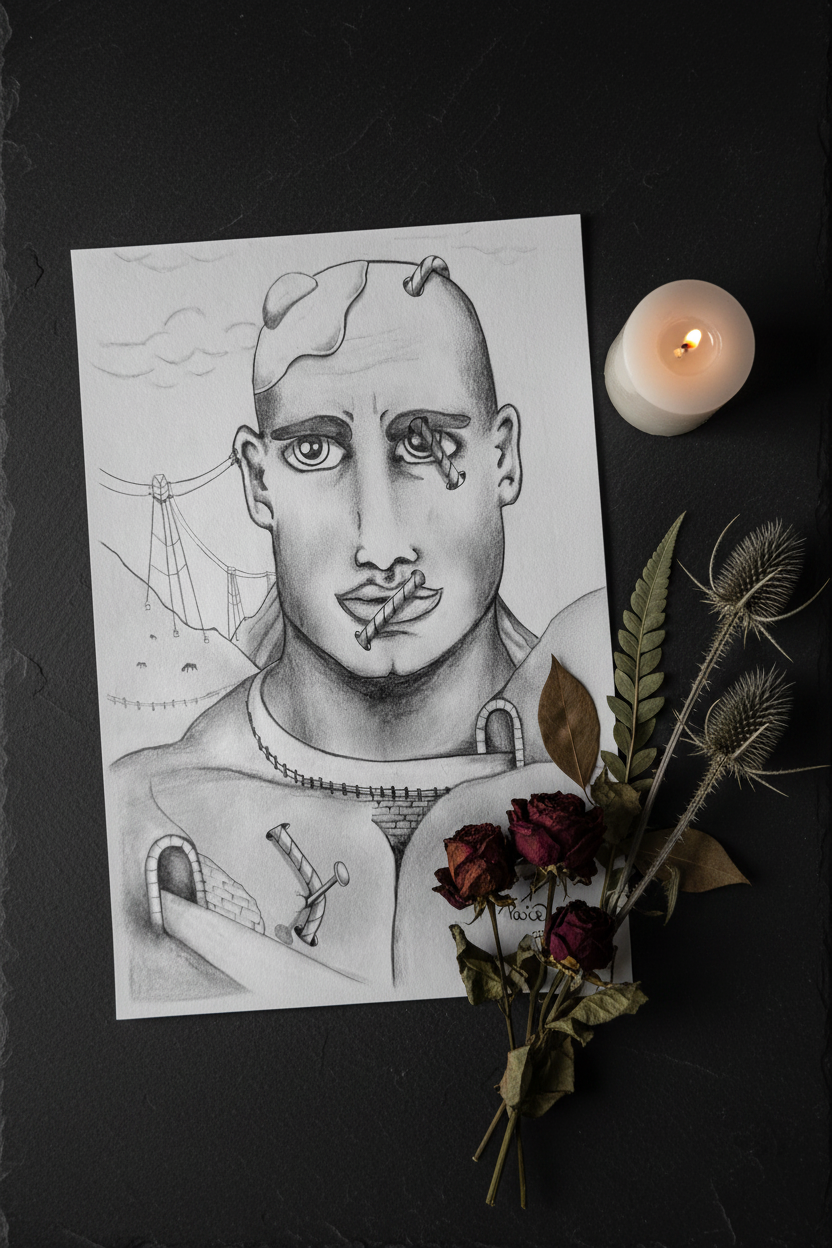 Surreal portrait print flat lay with candle and dried florals