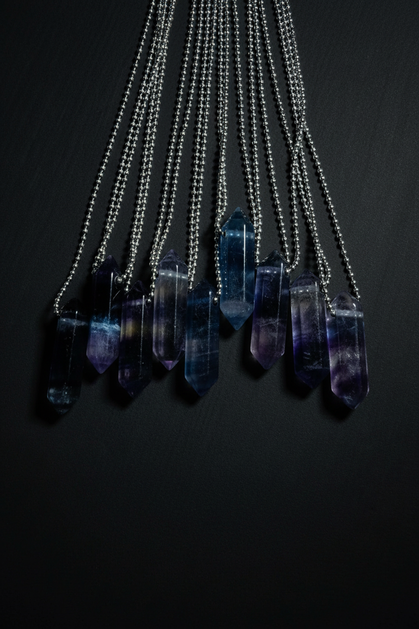 Rainbow fluorite crystal necklaces with intact silver ball chains