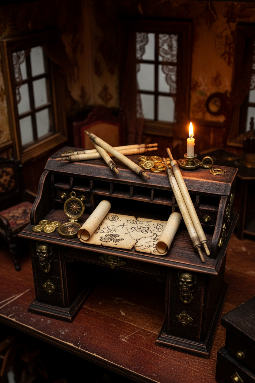 Long scroll maps on pirate captain's desk