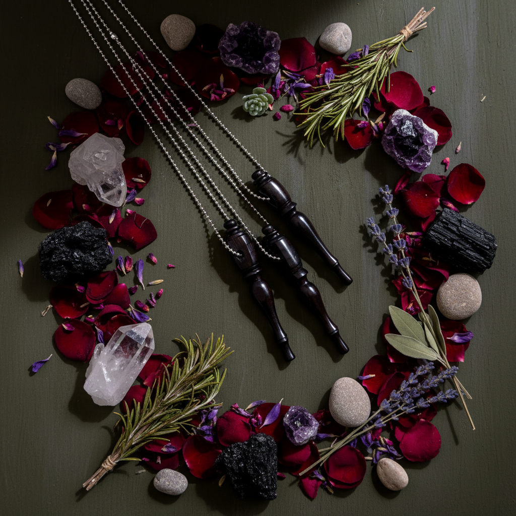 Mahogany Wand - Dark Botanical Flat Lay