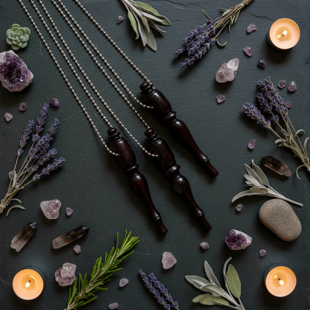 Mahogany Wand - Styled Flat Lay with Herbs and Crystals