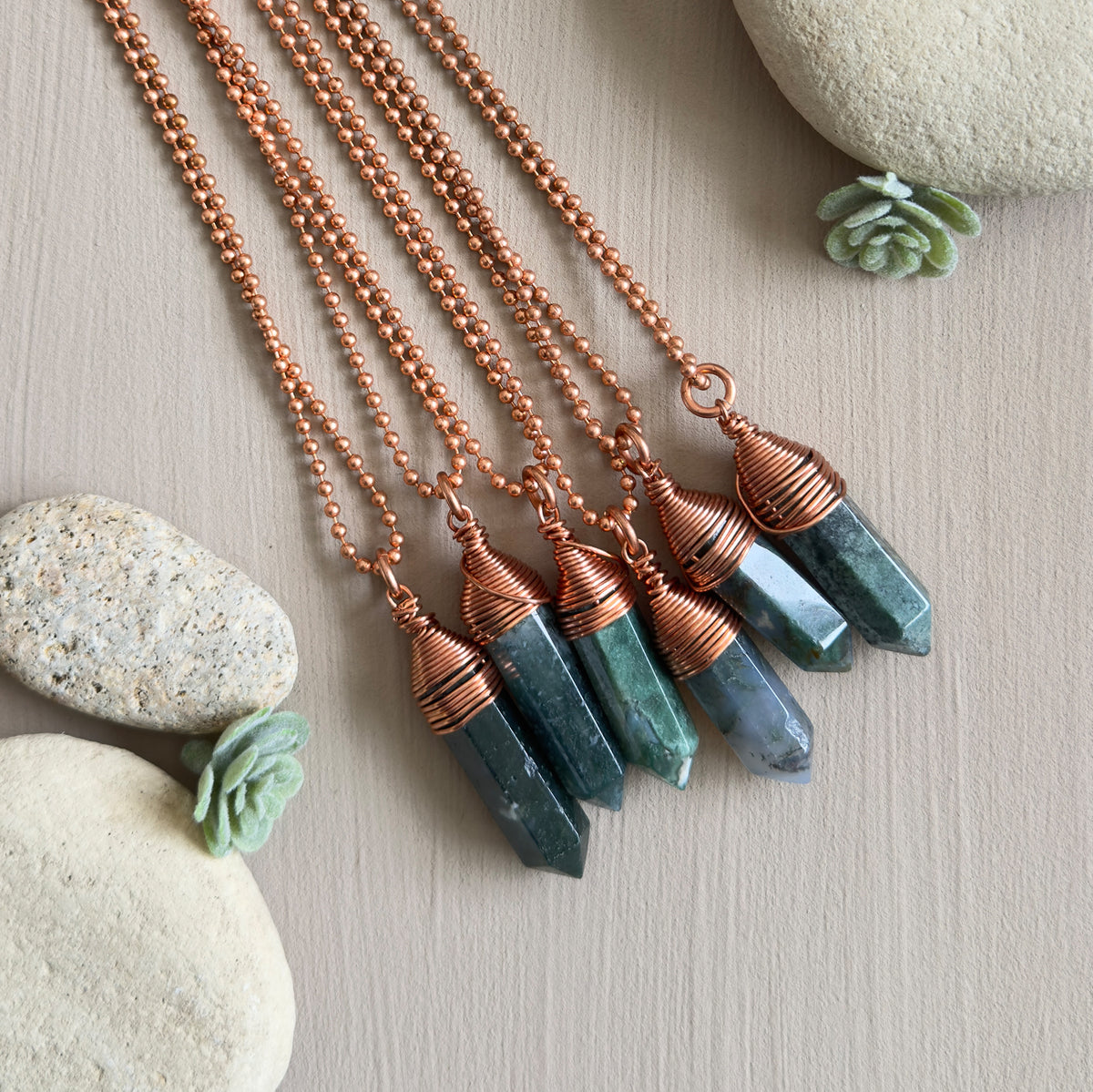 Moss Agate Pendant Necklace – Copper Wrapped Crystal