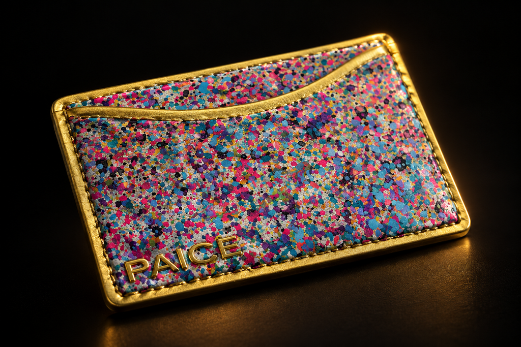 PAICE gold-trim wallet macro shot