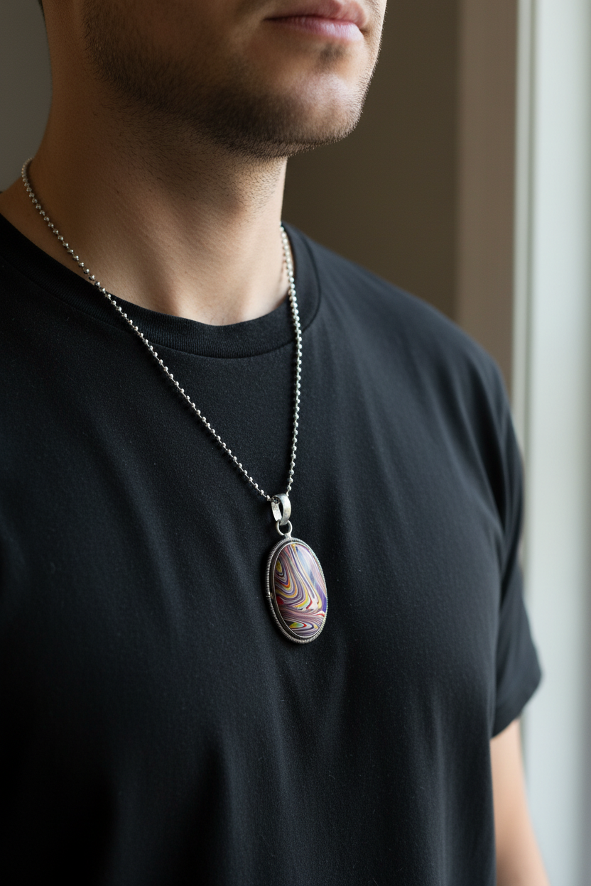 Pendant necklace on a man in a black shirt