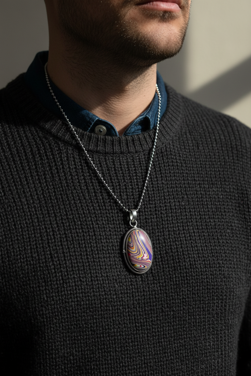 Pendant necklace on a man in a charcoal sweater