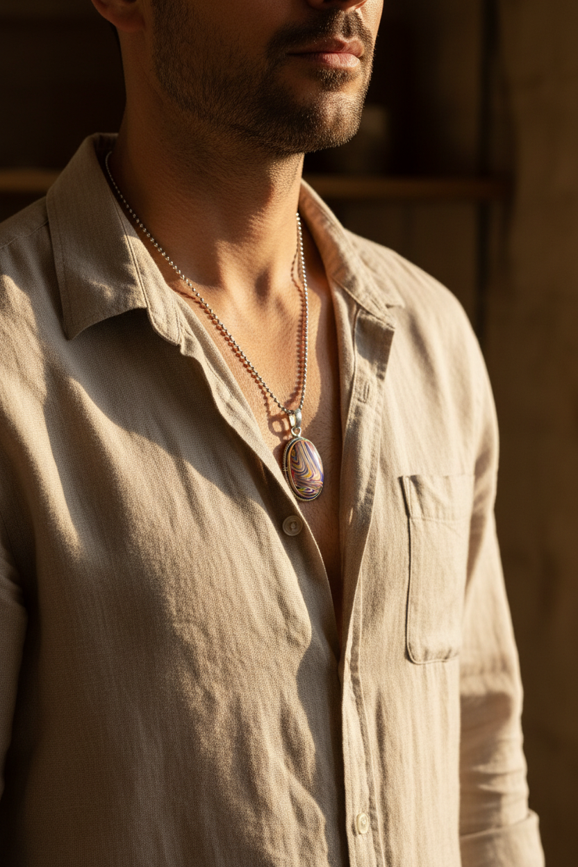 Pendant necklace on a man in an open linen shirt