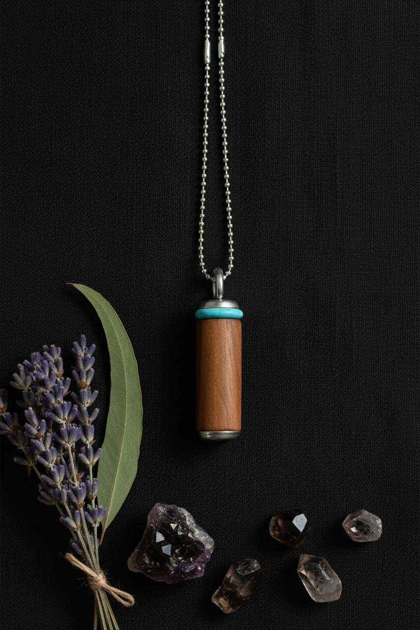 Pendant with lavender, eucalyptus, amethyst, and smoky quartz