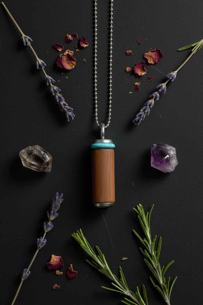 Pendant with smoky quartz, amethyst, and dried herbs