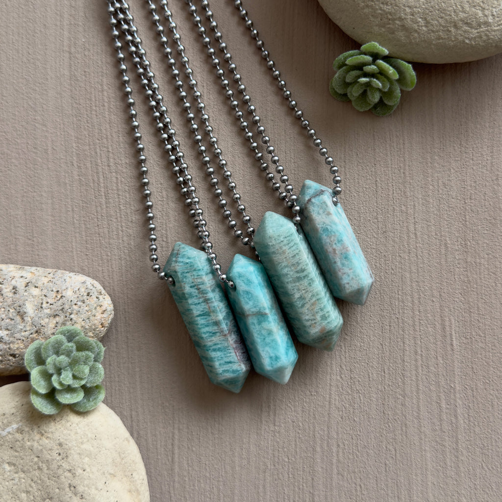 Russian Amazonite Pendant Necklace – Crystal Point & Steel Chain