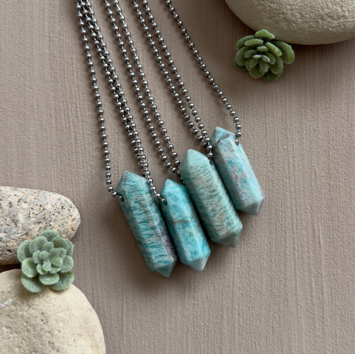 Russian Amazonite Pendant Necklace – Crystal Point & Steel Chain