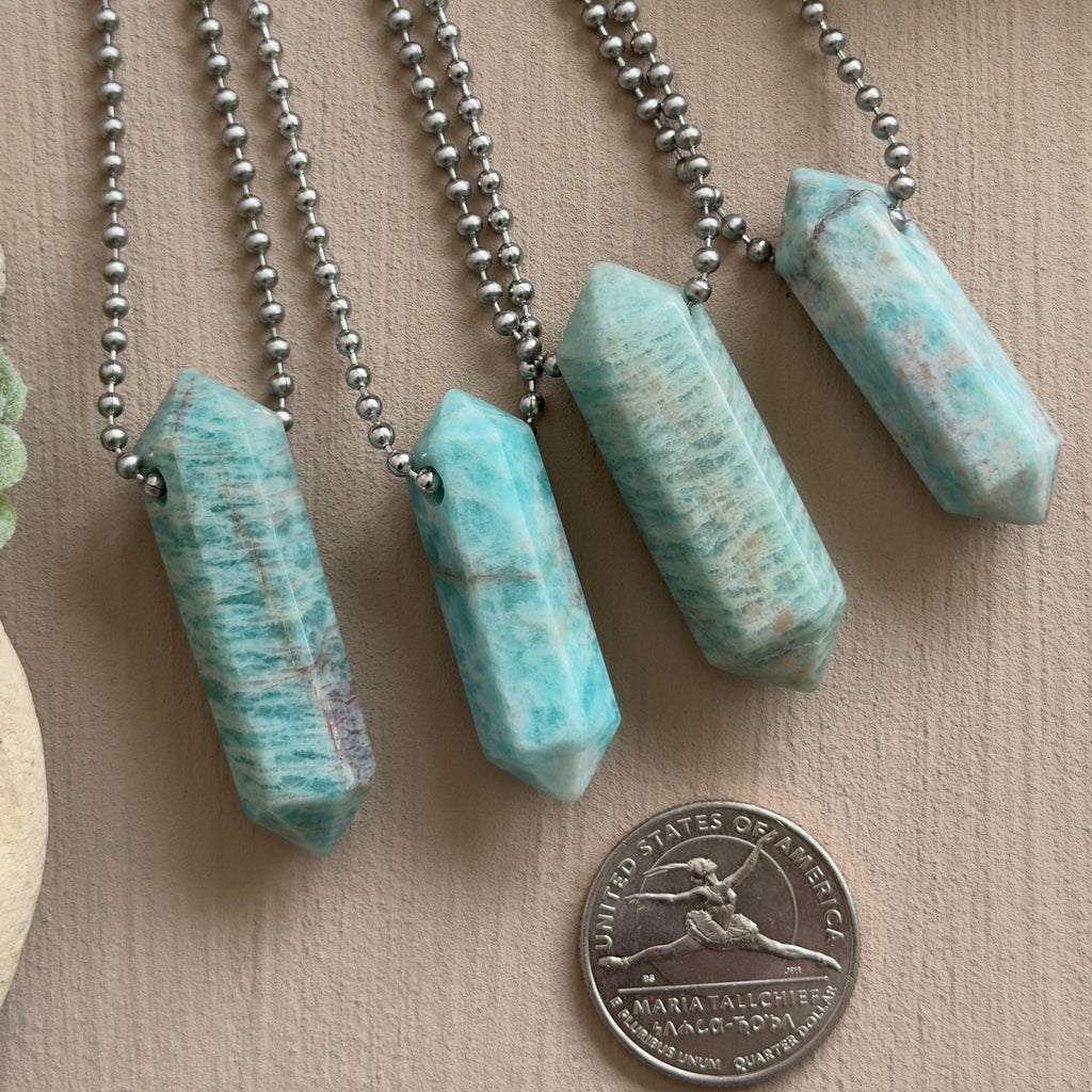 Russian Amazonite Pendant Necklace – Crystal Point & Steel Chain