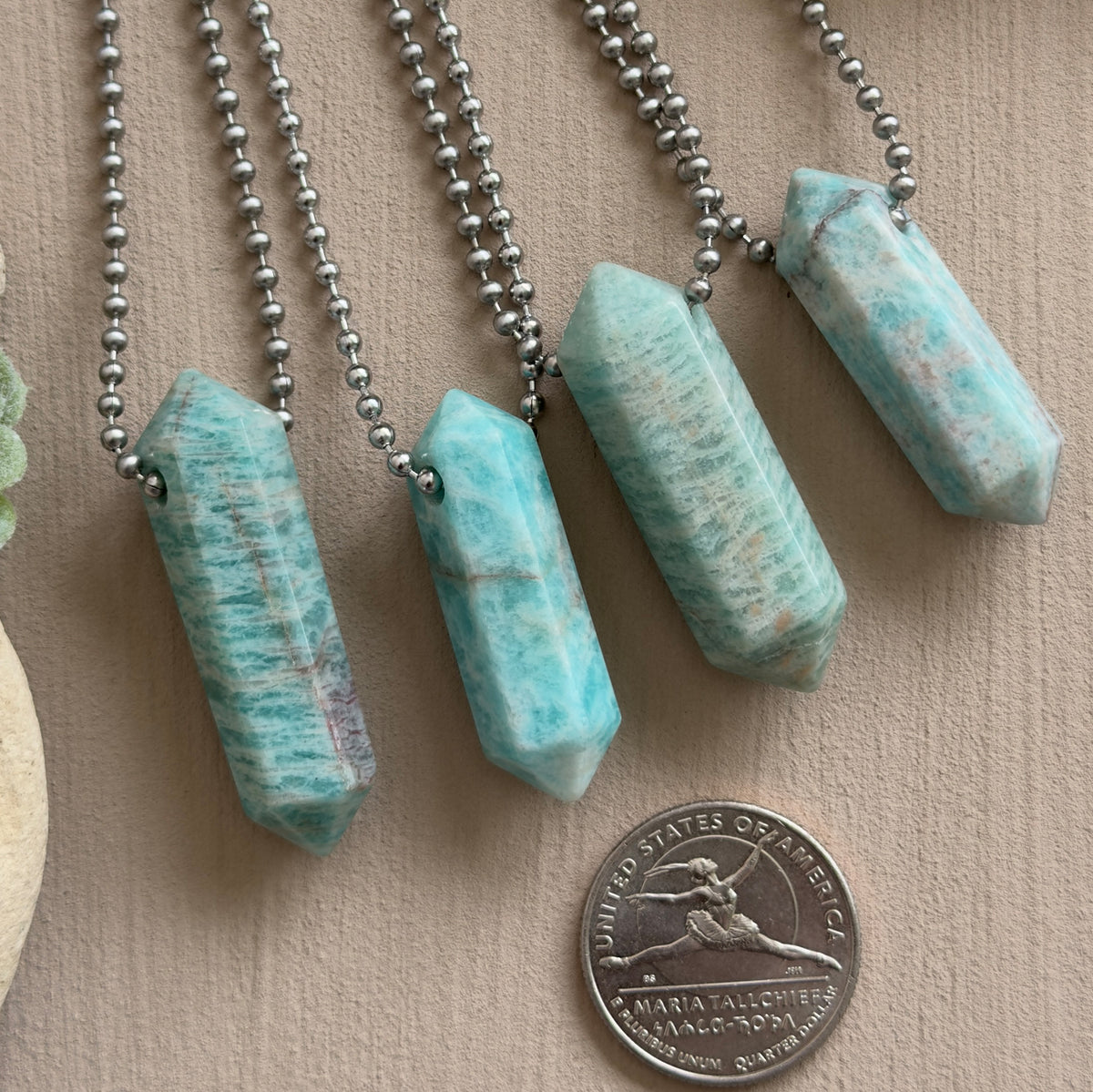 Russian Amazonite Pendant Necklace – Crystal Point & Steel Chain