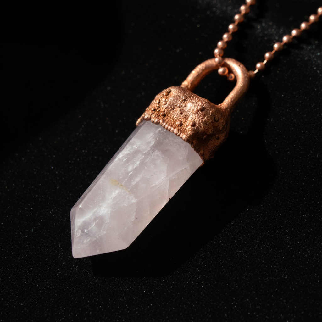 Rose Quartz Copper Pendant – Close-Up